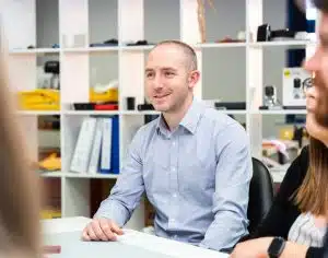 Medical Design Manager, Mark, in a design team meeting in a studio at Haughton Design