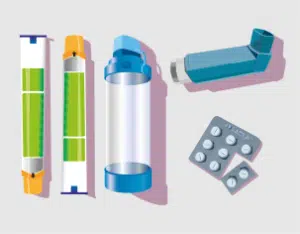 a cartoon graphic of different drug delivery devices, including inhaler, autoinjector and blister packer